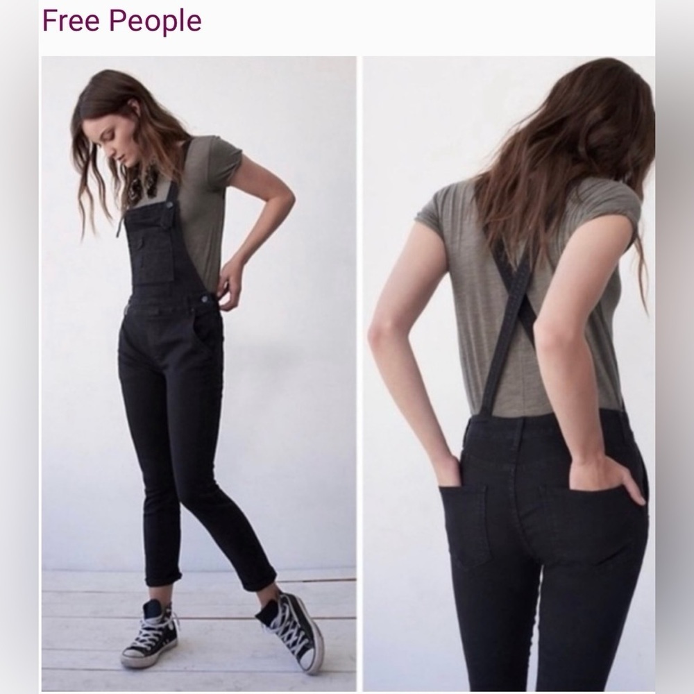 Free People Through The Woods Stretch Denim Overalls in Washed Black Size 27